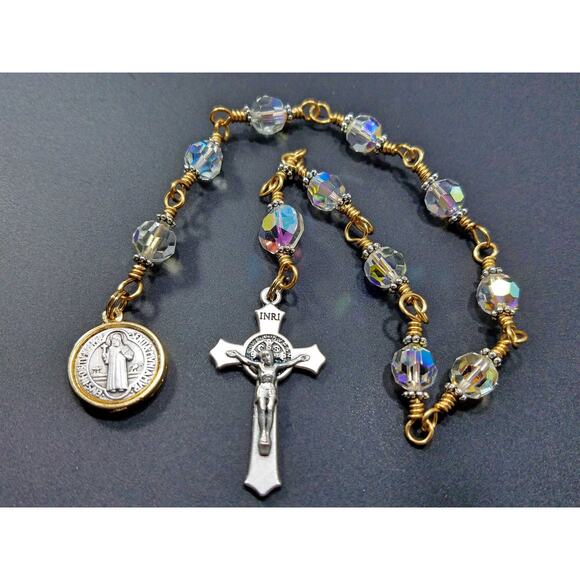 St. Benedict Clear Handmade One Decade Rosary, Clear Swarovski Decade Beads - Picture 2 of 10